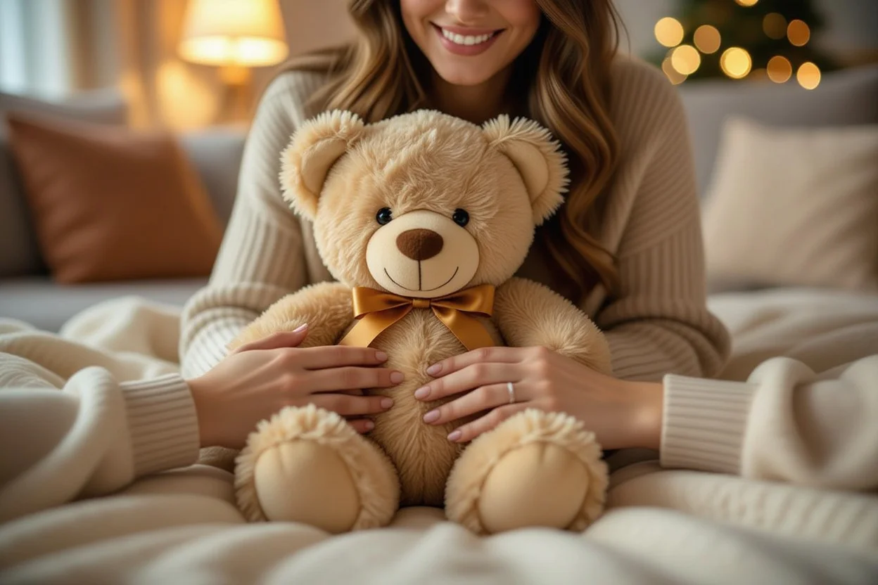 Couple holding teddy bear gift together showing romantic connection and love