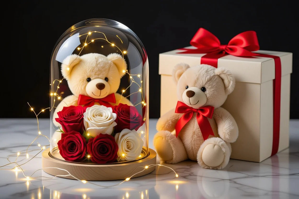 Luxury teddy bear and preserved roses gift arrangement for romantic occasions