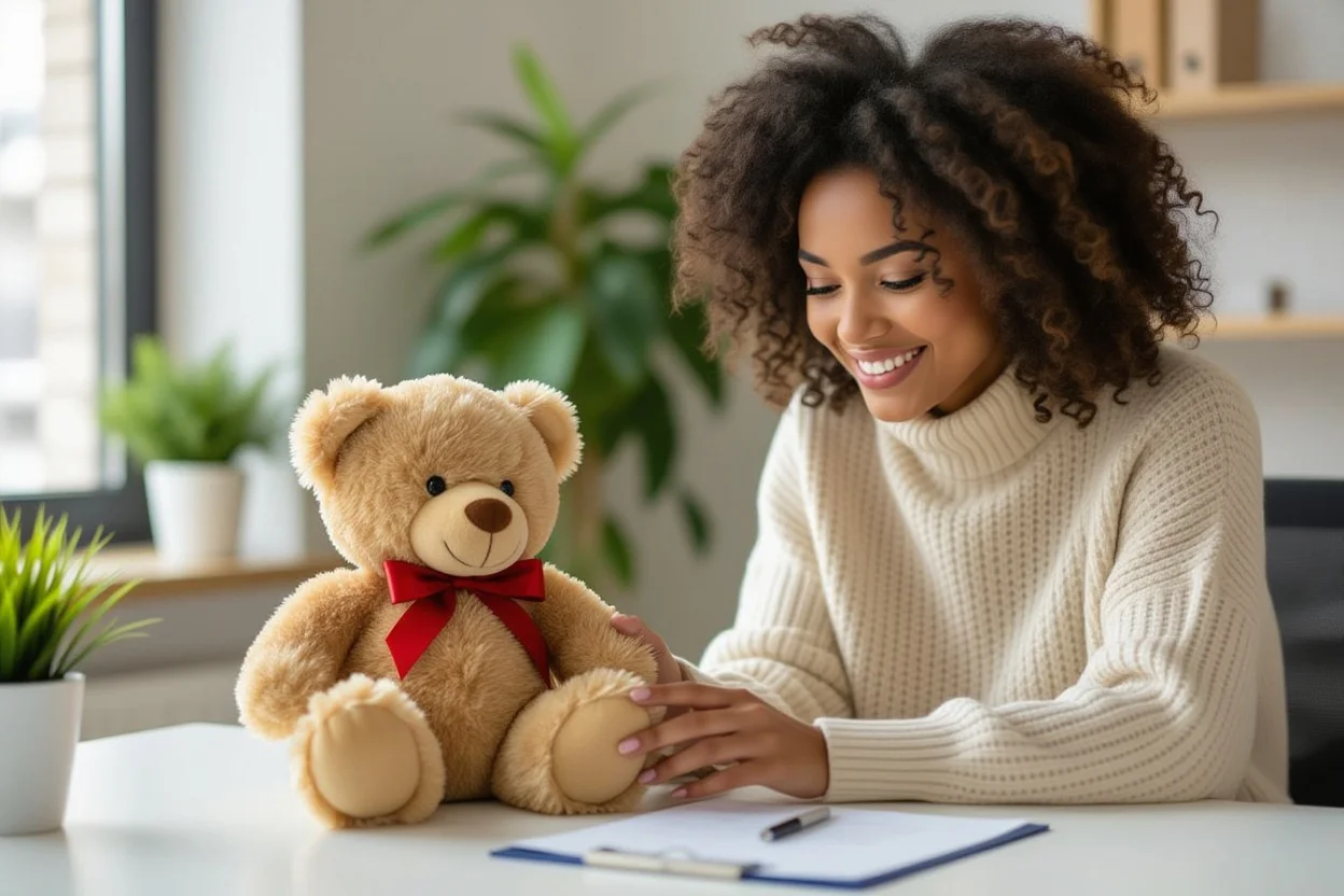Woman surprised by teddy bear gift discovery showing joy from unexpected romantic gesture
