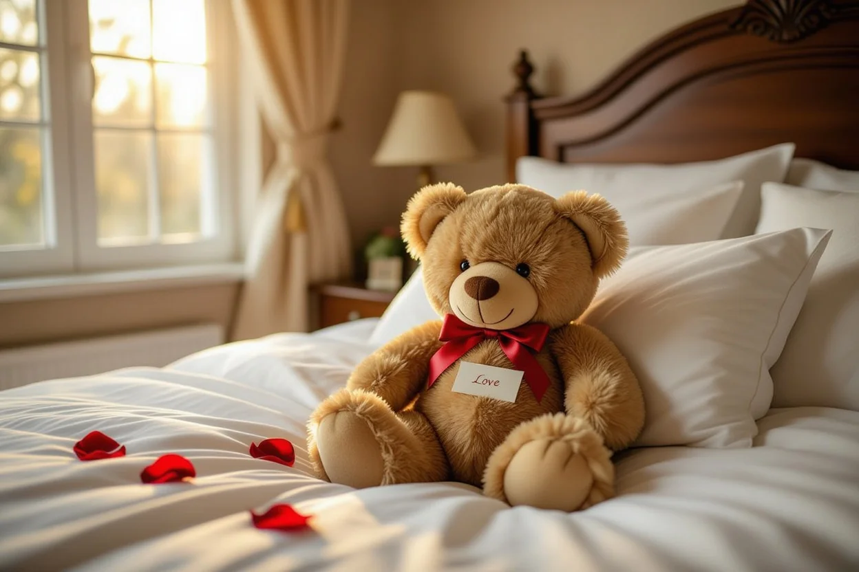 Mountova Pro teddy bear with hidden compartment showing romantic surprise gift on bed