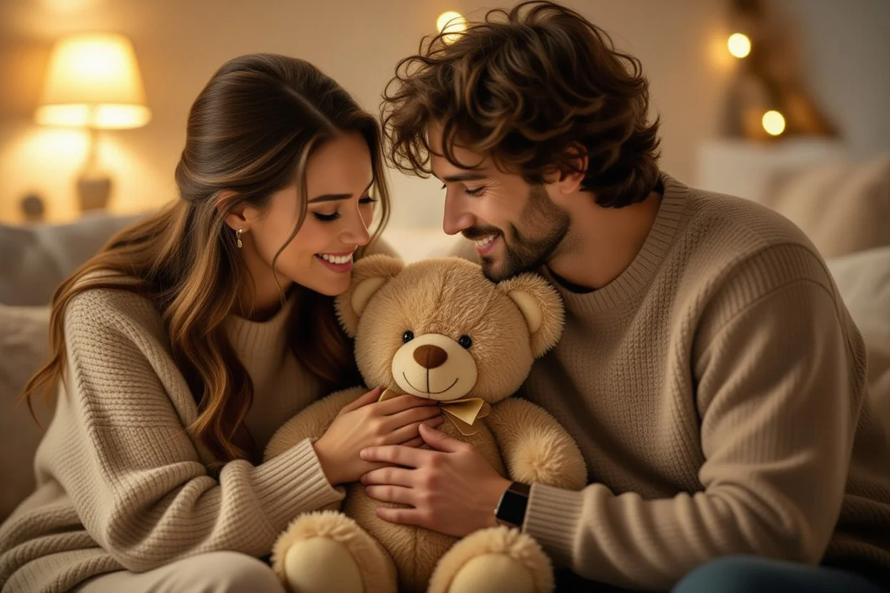 Couple discovering hidden surprise feature in romantic teddy bear gift