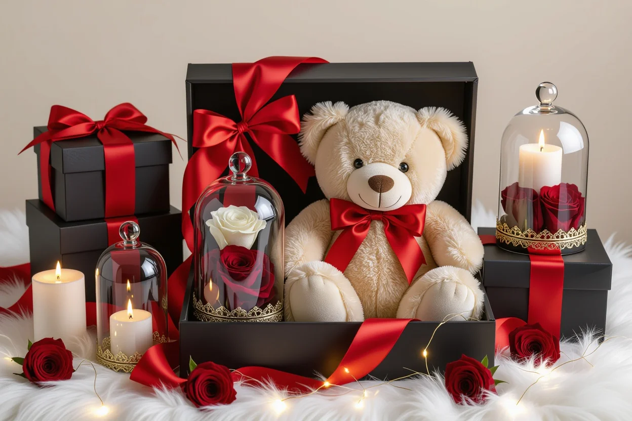Luxury romantic gift setup with teddy bear and preserved flowers for special occasions