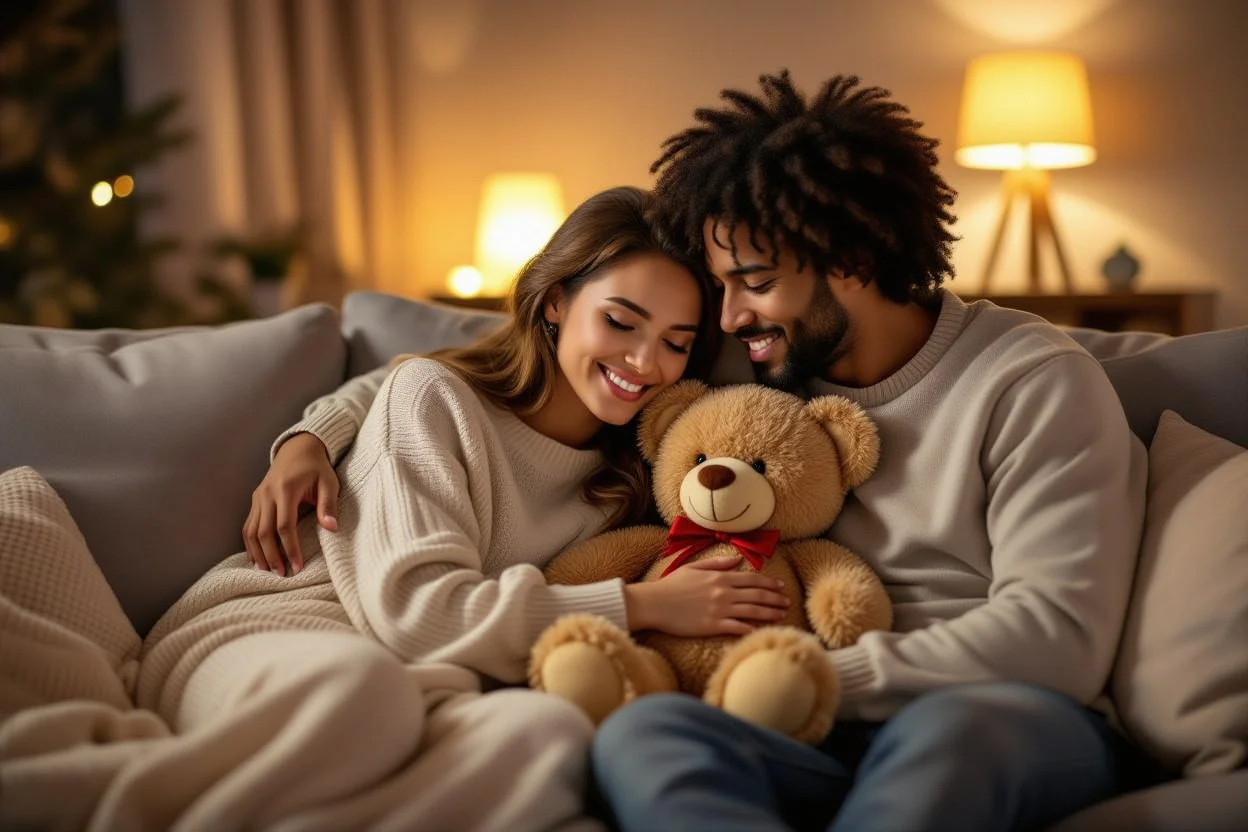 Couple in cozy home setting with romantic teddy bear representing everyday love and comfort