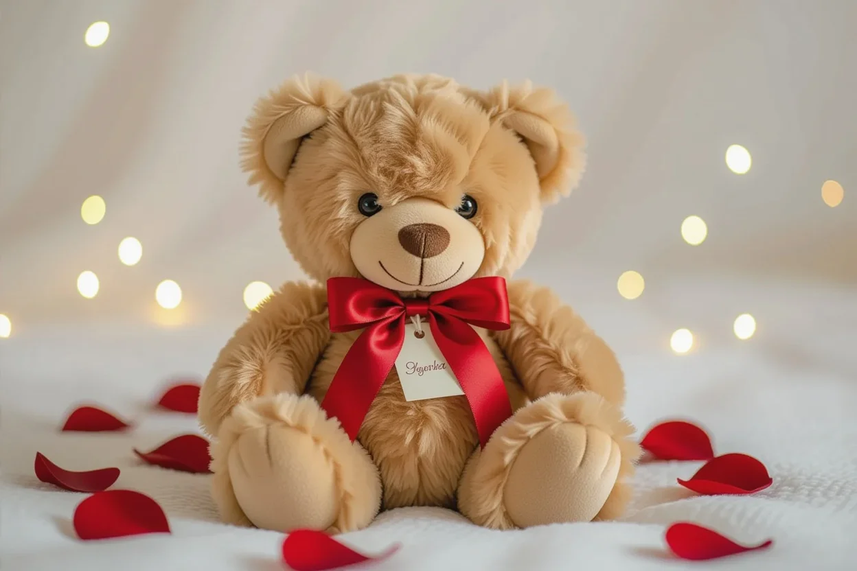 Mountova teddy bear romantic gift with red ribbon and rose petals for Valentine's Day