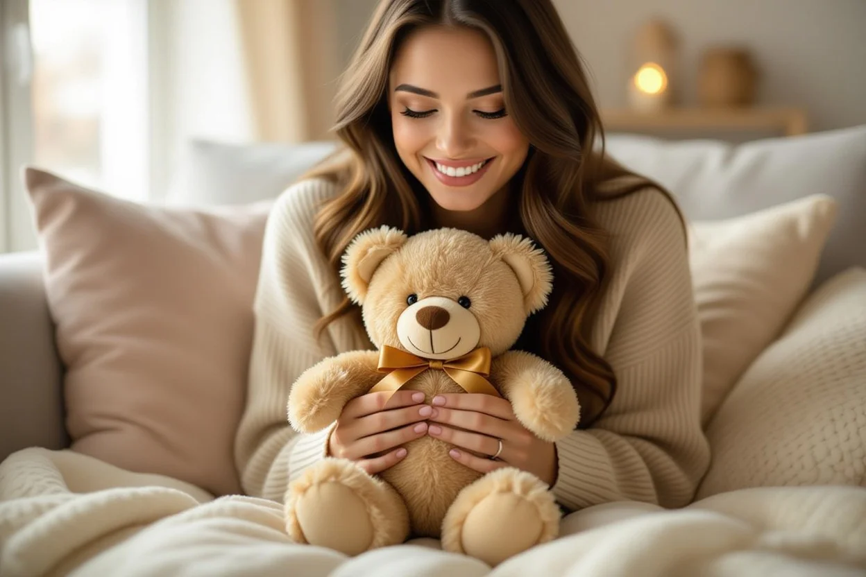Woman receiving surprise teddy bear gift showing joy and meaningful romantic moment
