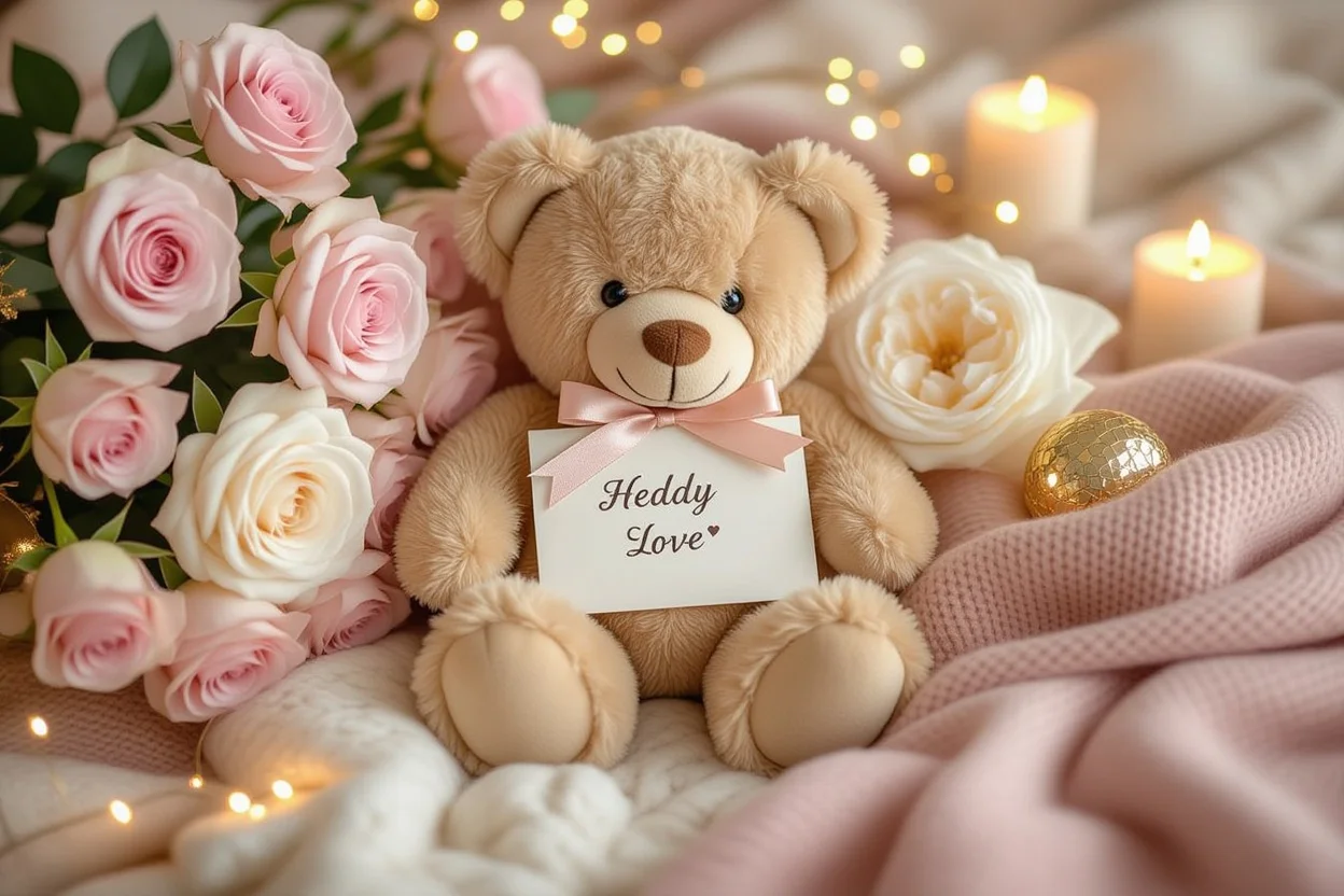 Romantic gift flat lay with teddy bear, flowers, and love note for anniversary gifts