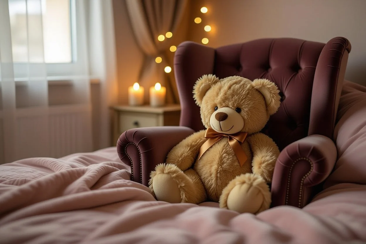 Teddy bear in romantic bedroom setting showcasing meaningful gifts for her