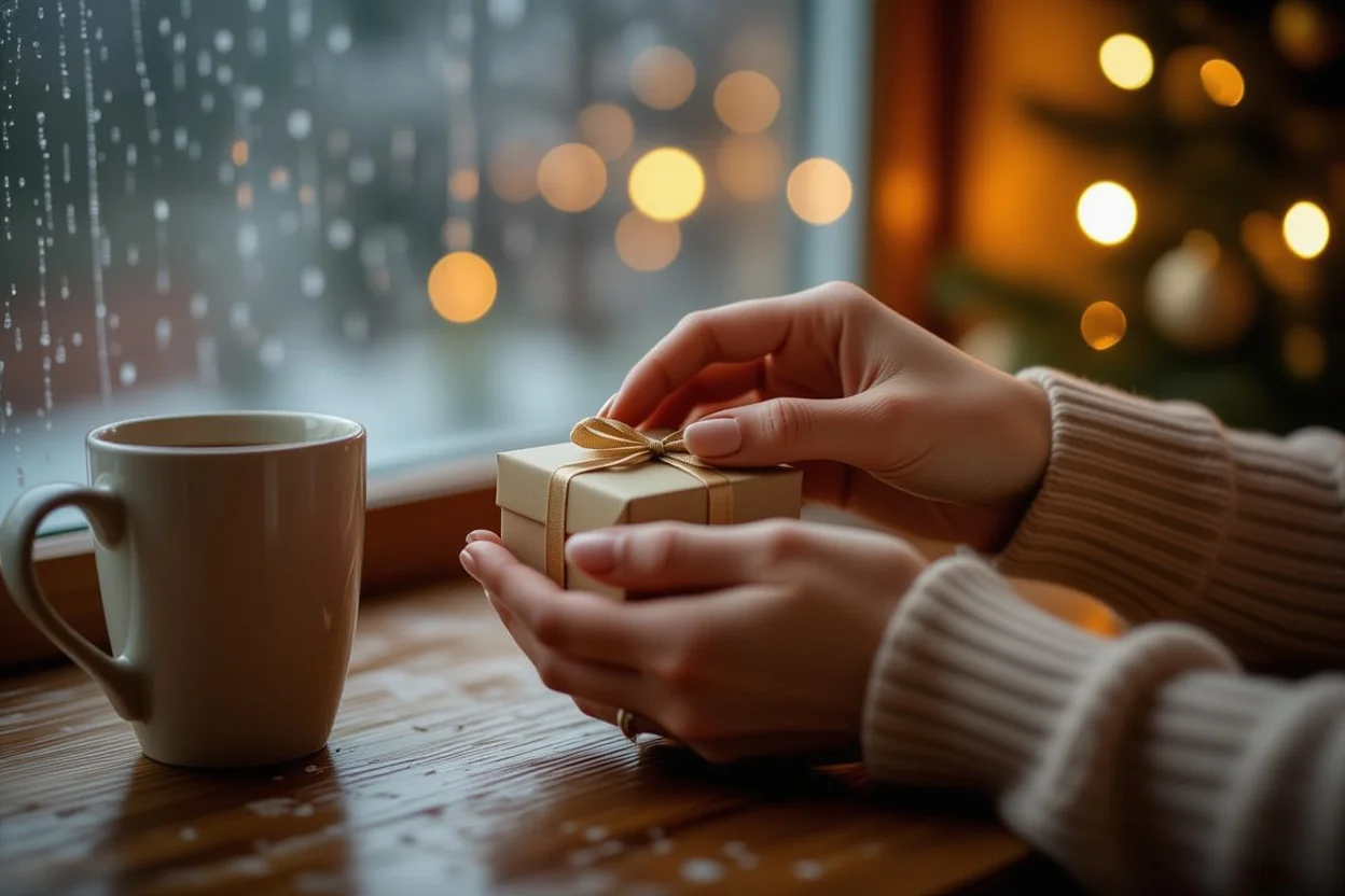 Thoughtful surprise gift moment romantic gesture on ordinary day