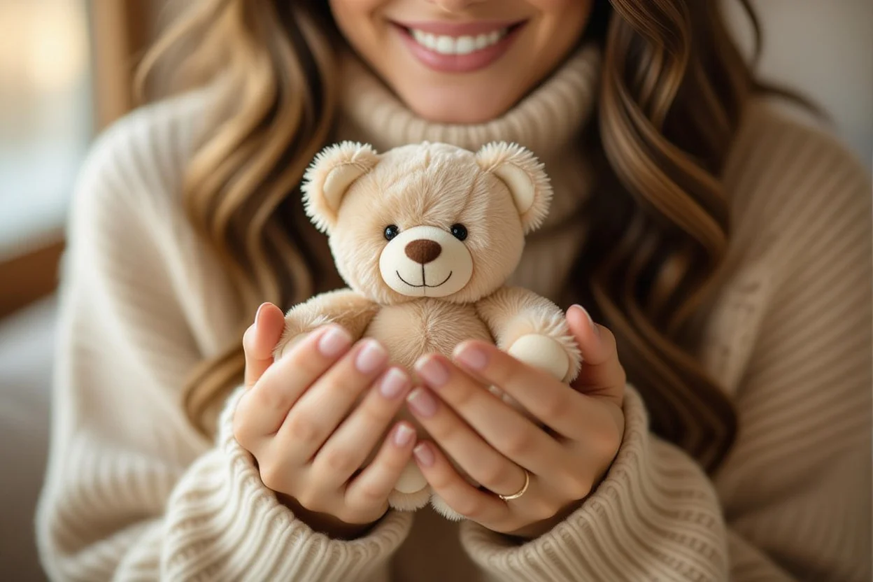Woman holding cherished teddy bear gift showing emotional value romantic surprise