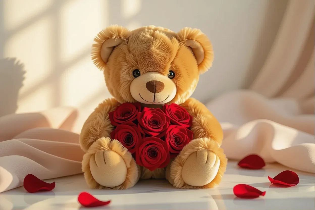 Eternal flower teddy bear with preserved red roses - romantic gift for anniversary or Valentine's Day