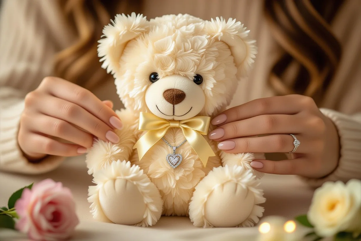 Hidden necklace surprise inside eternal flower teddy bear - romantic gift with secret jewelry compartment