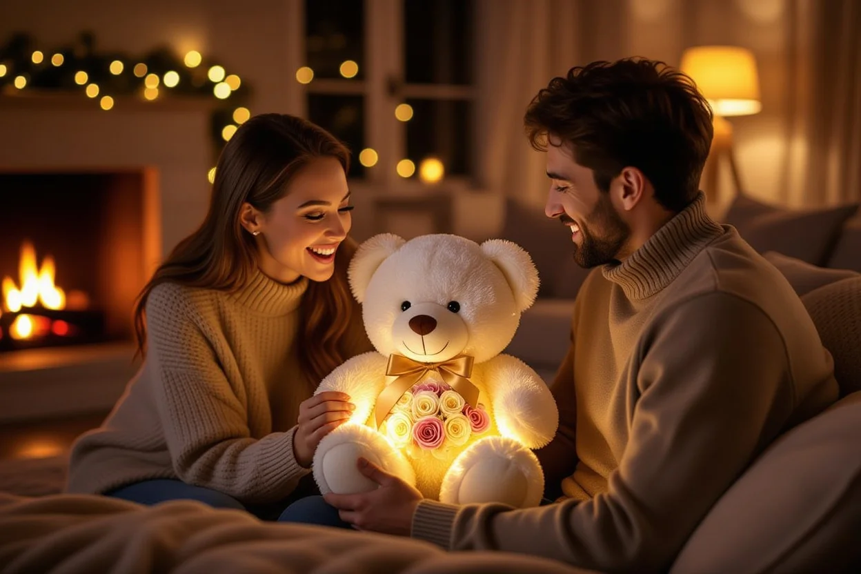 Couple sharing romantic moment with eternal flower teddy bear gift - perfect for special occasions