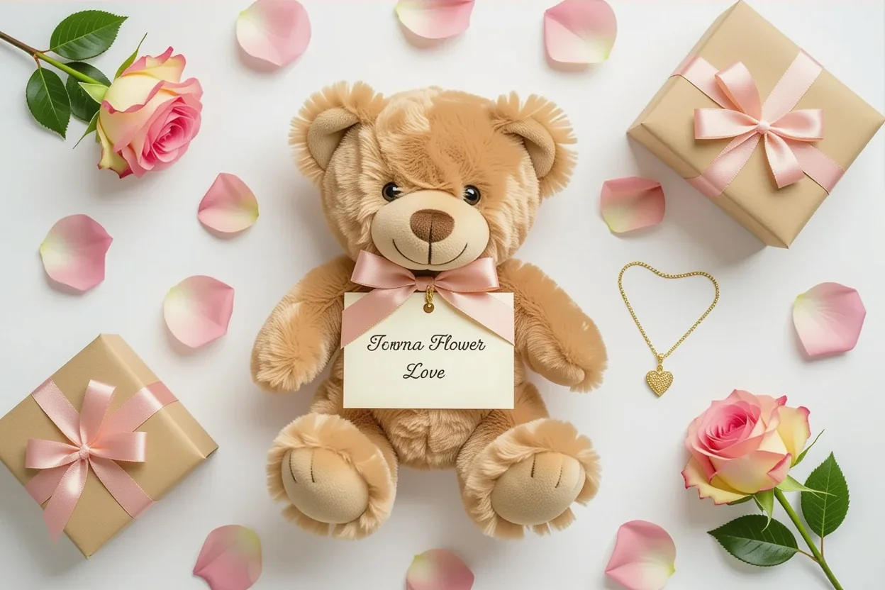 Eternal flower teddy bear gift set with hidden necklace and romantic accessories - lasting romantic present