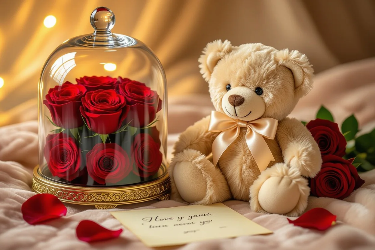 Romantic teddy bear gift with preserved roses and love note for Valentine's Day