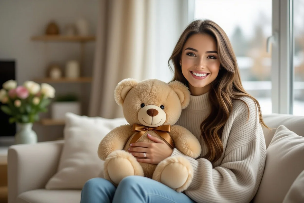 Woman receiving thoughtful teddy bear gift showing appreciation and joy
