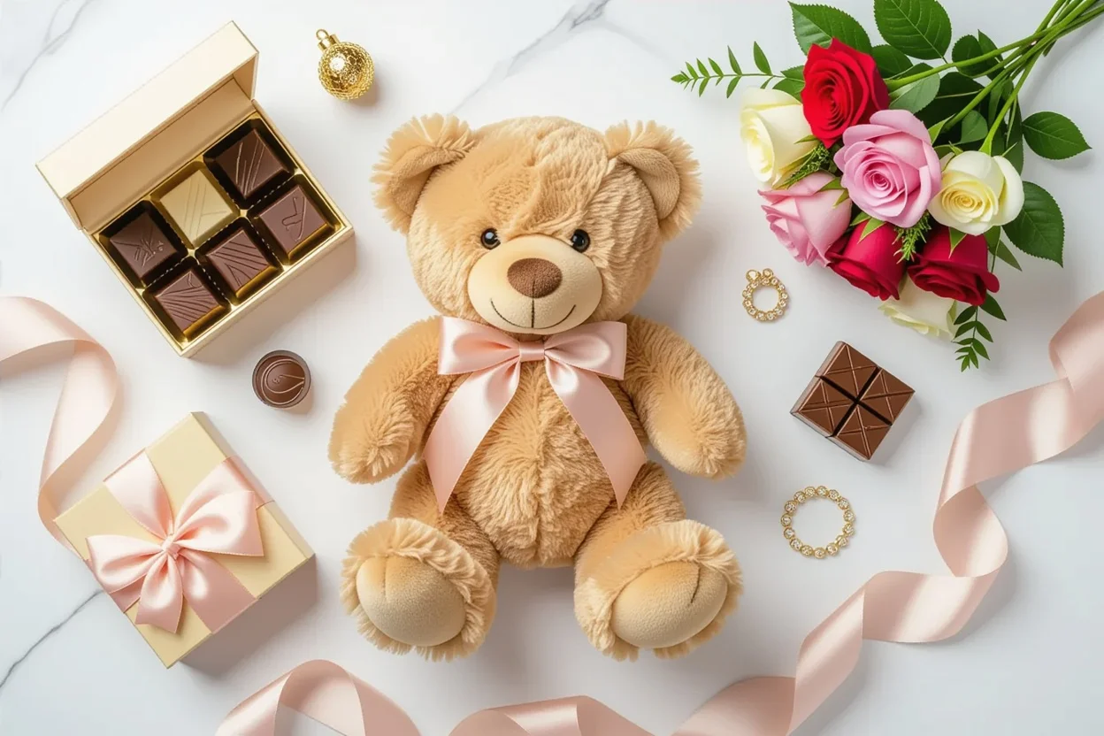 Curated romantic gift set featuring teddy bear and complementary presents for her