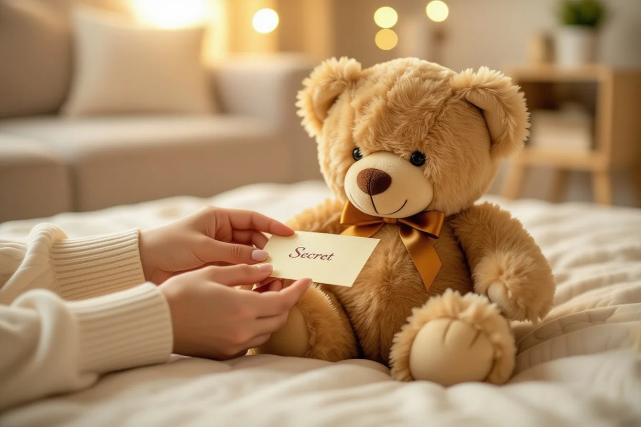 Woman discovering hidden surprise inside romantic teddy bear gift on ordinary day