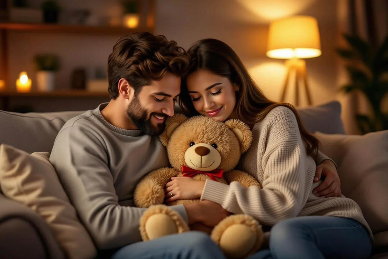 Couple enjoying intimate moment with romantic teddy bear gift in cozy home setting