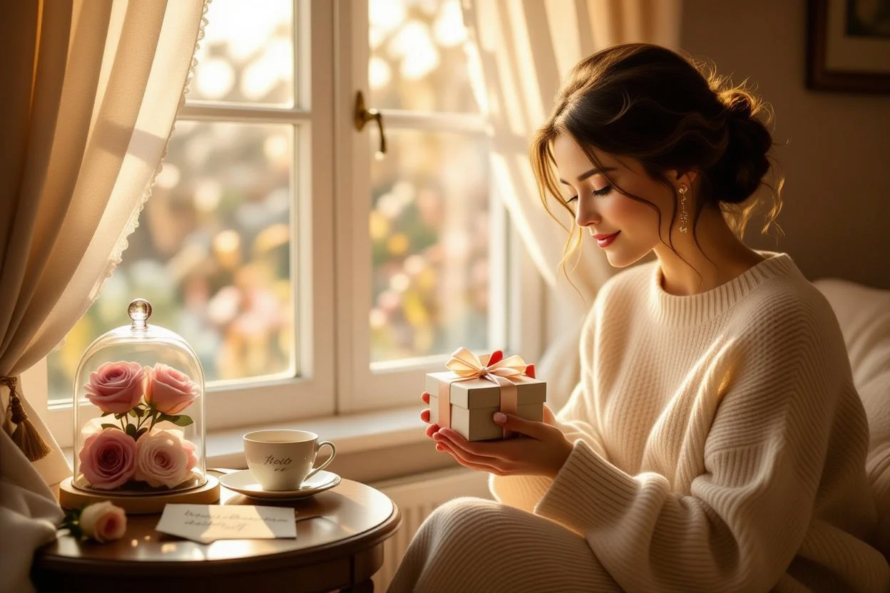 Woman receiving thoughtful romantic gift on ordinary Tuesday - meaningful presents for her
