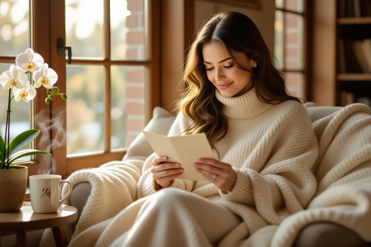 Woman enjoying thoughtful romantic gifts in cozy setting - meaningful presents that show she's cherished