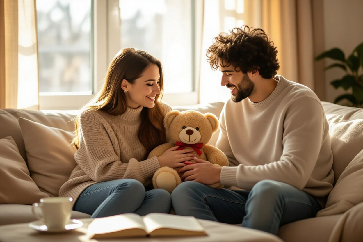 Couple sharing romantic everyday surprise gift moment with teddy bear present