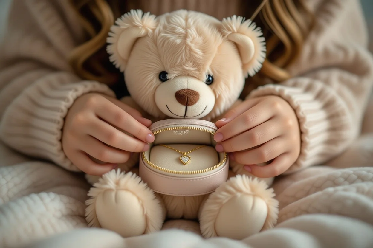 Close up of hidden compartment in teddy bear revealing surprise necklace gift