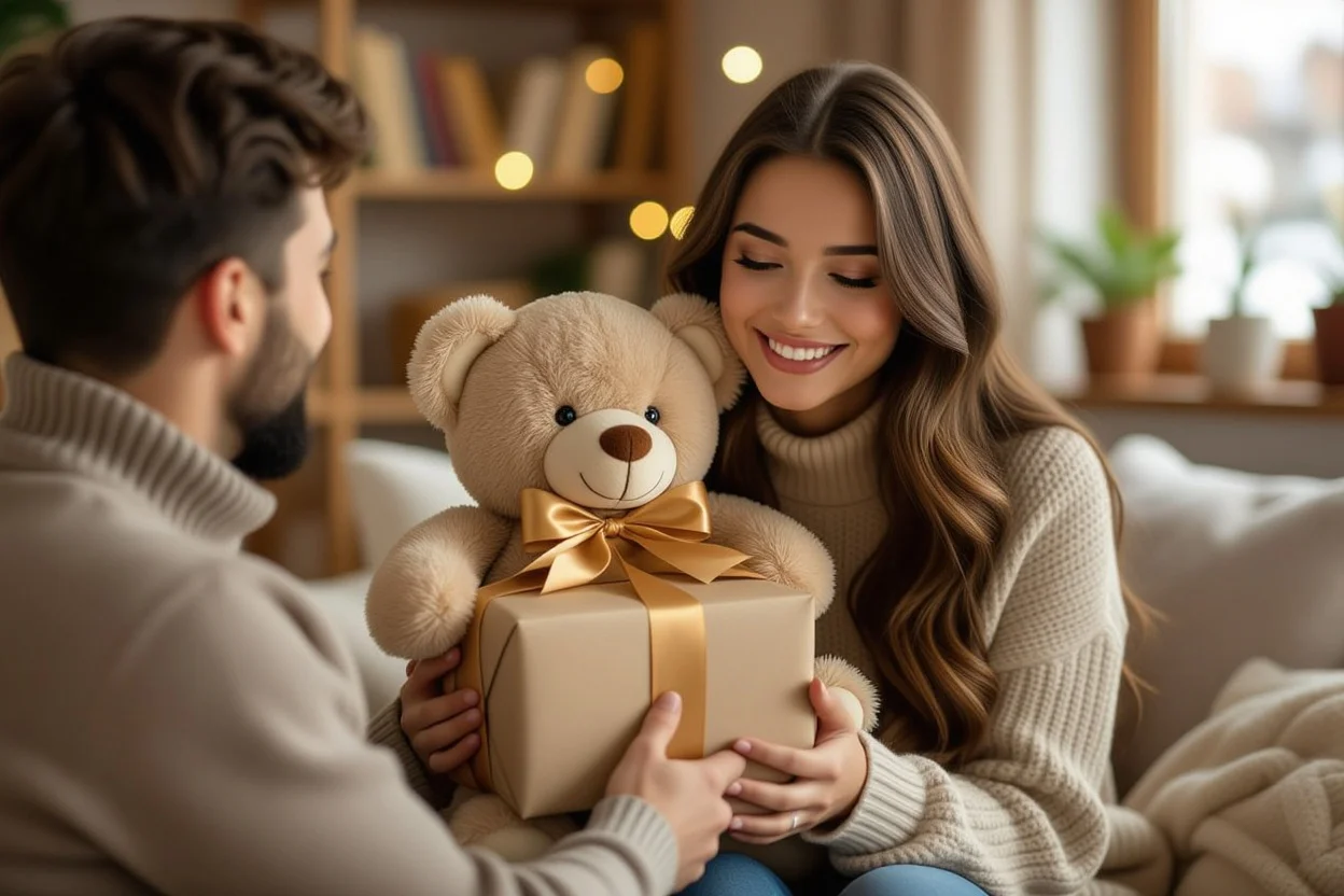 Woman receiving Mountova teddy bear gift from partner in romantic cozy home setting