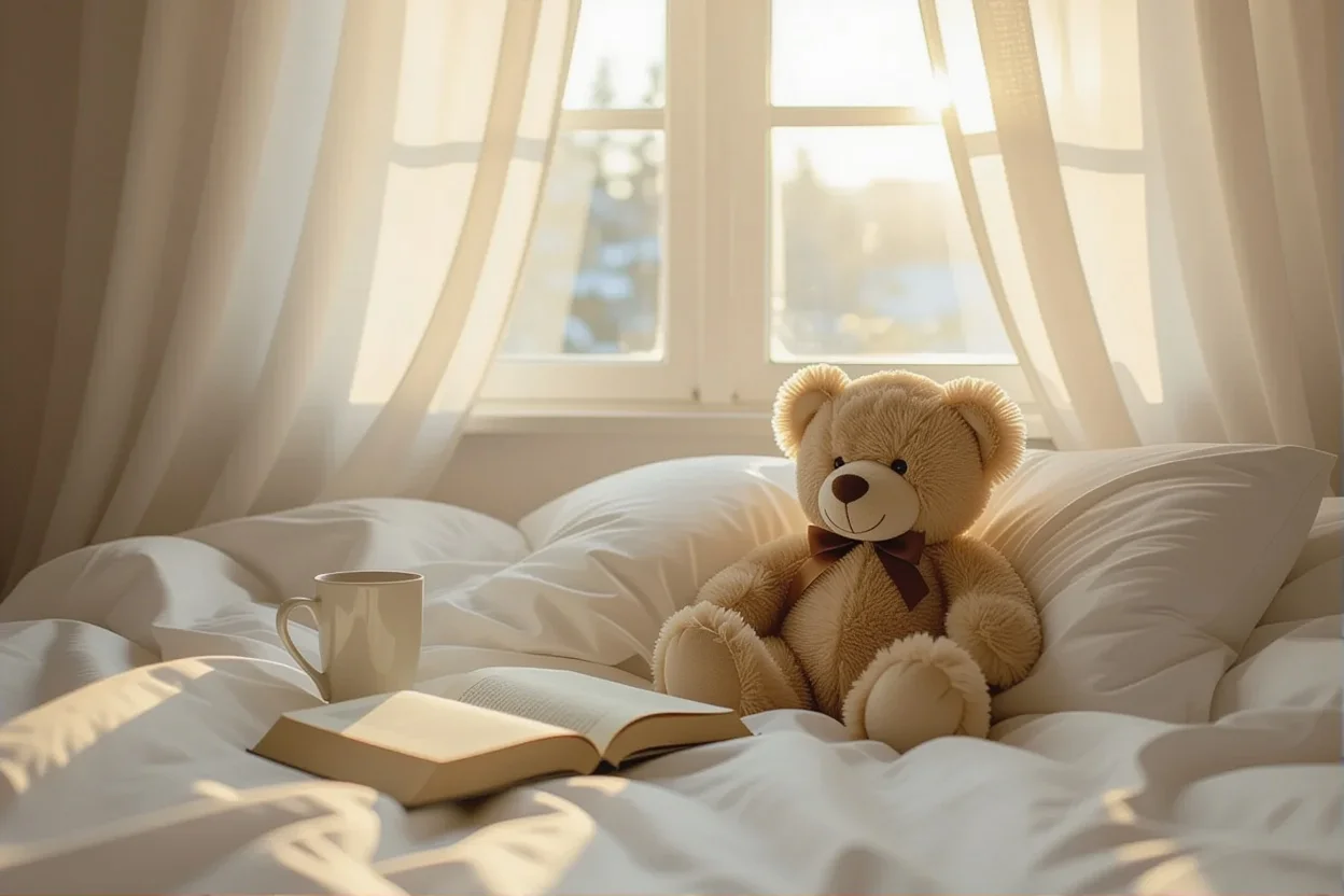 Mountova teddy bear in cozy bedroom morning scene showing everyday comfort and lasting value