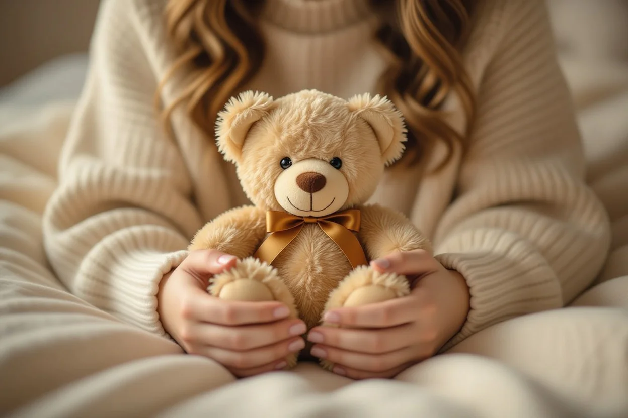 Gentle hands holding Mountova teddy bear showing emotional connection and meaningful gift-giving