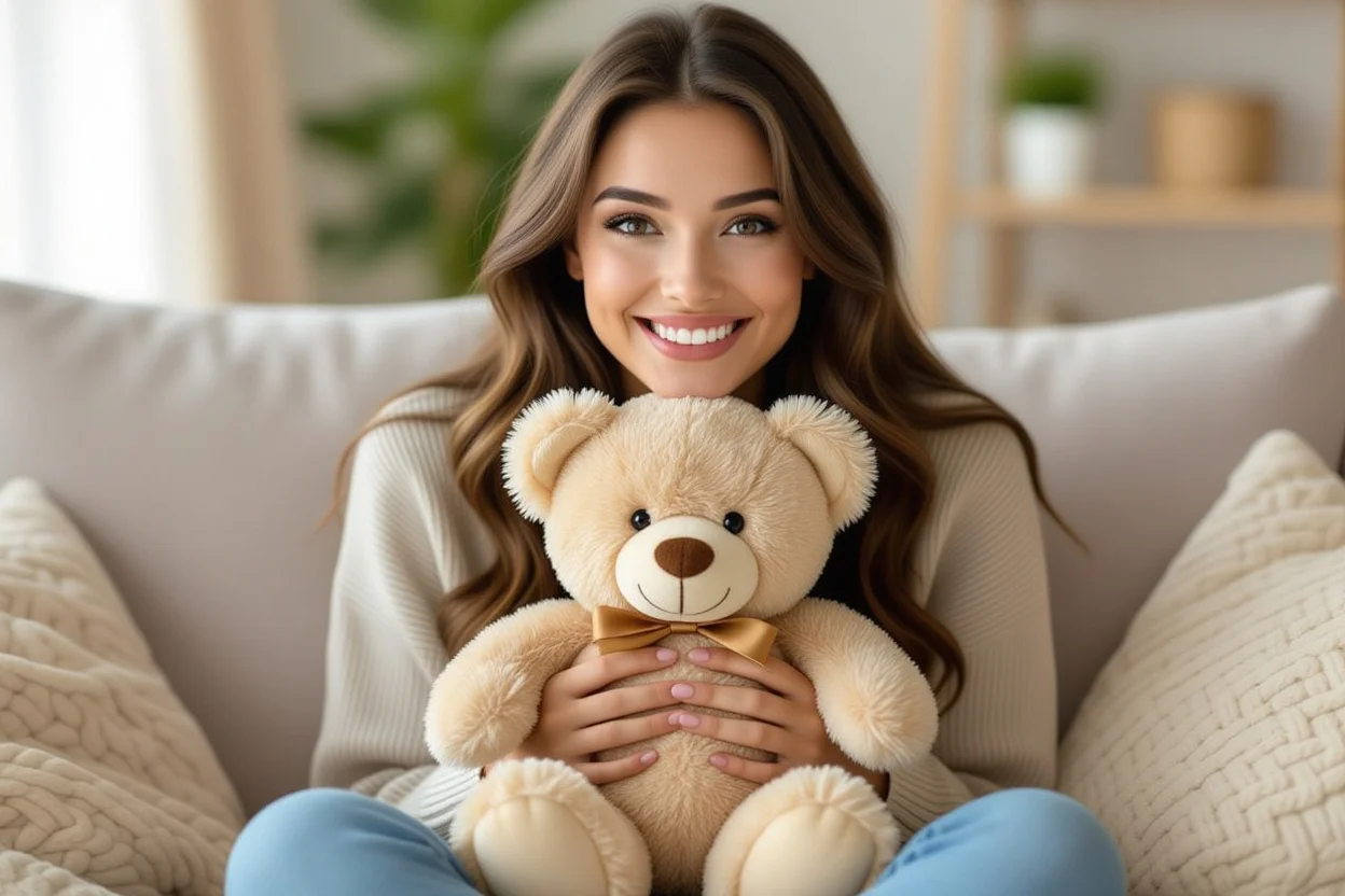 Woman smiling while holding Mountova teddy bear surprise gift on cozy sofa