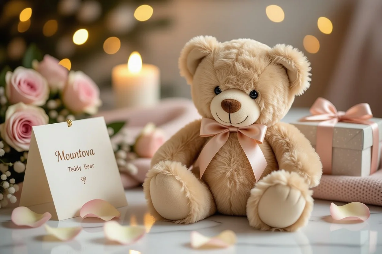 Premium Mountova teddy bear with romantic gift presentation and rose petals