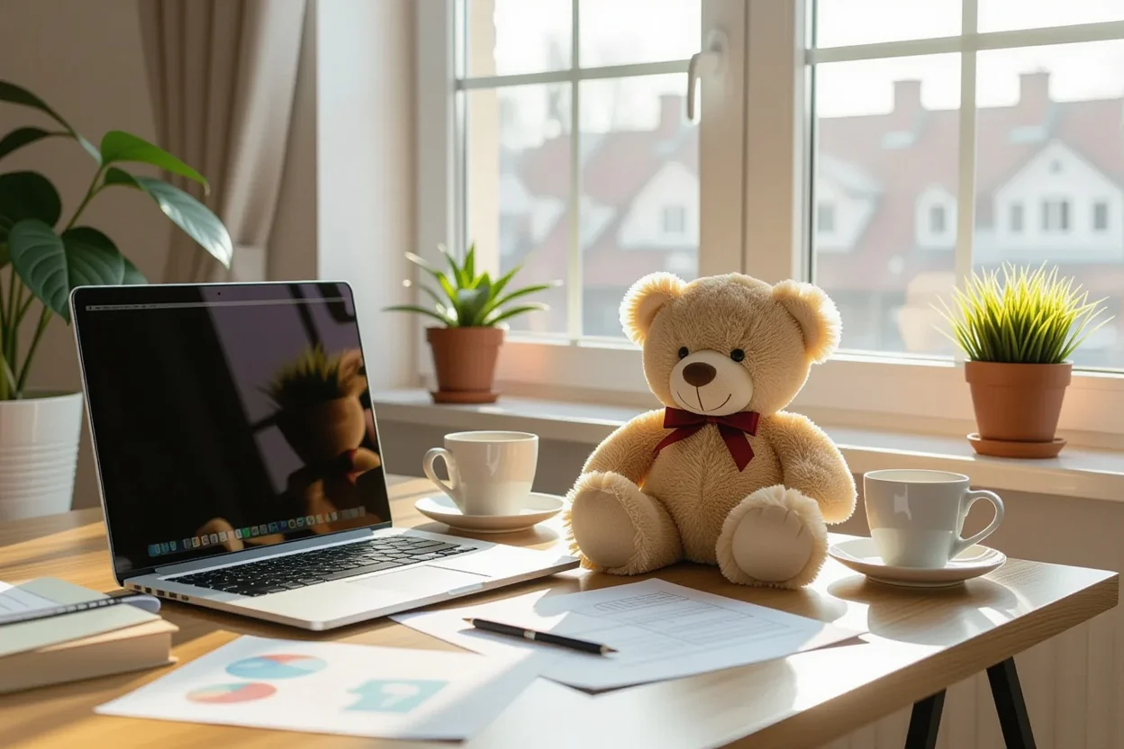 Teddy bear surprise gift placed on woman's work desk during busy day