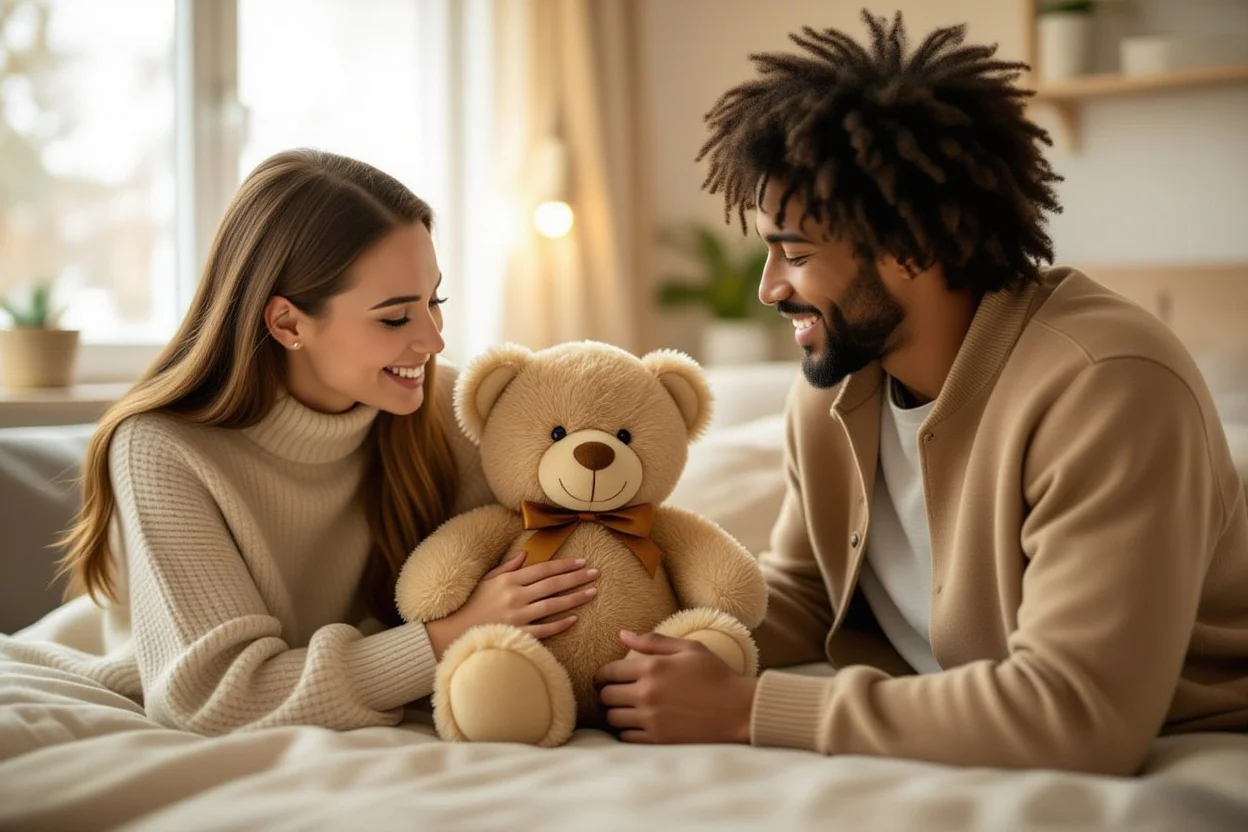 Couple sharing intimate moment with teddy bear surprise gift at home