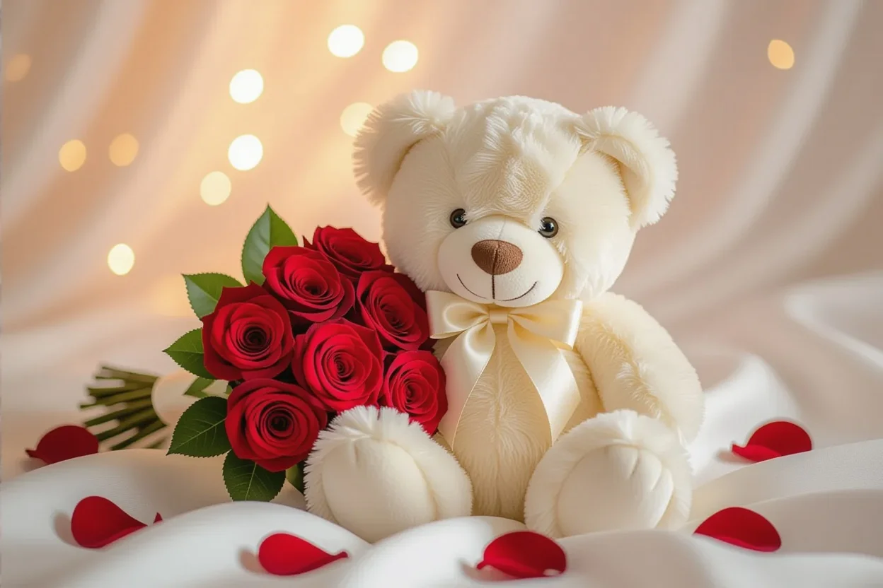 Luxury teddy bear holding preserved red roses romantic gift for her