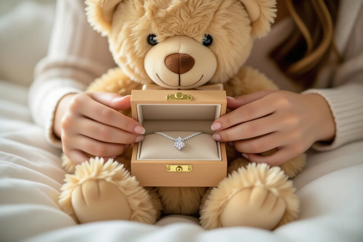 Hidden necklace surprise inside teddy bear romantic gift reveal moment