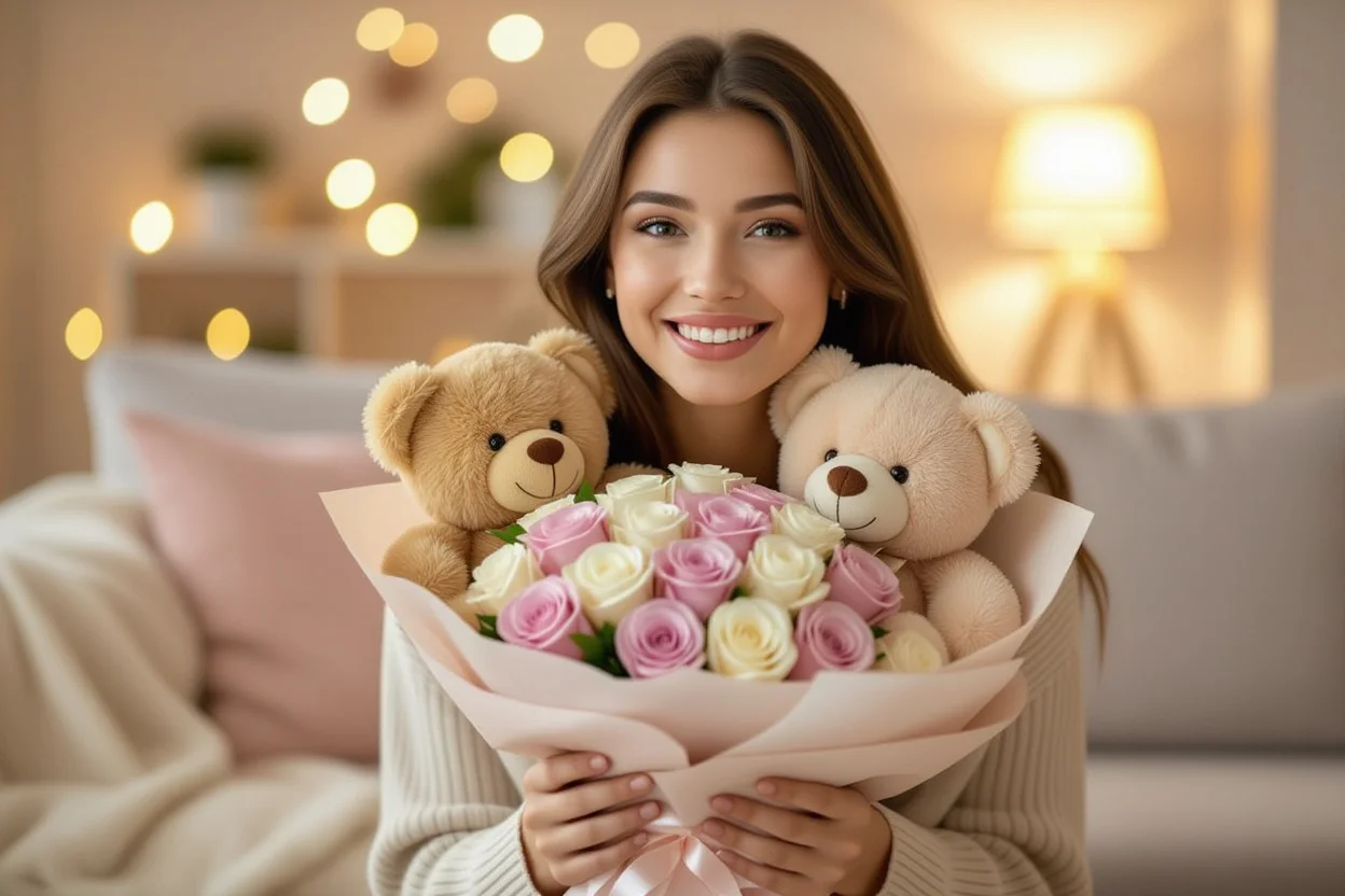 Woman receiving romantic teddy bear and preserved rose gift with surprised expression