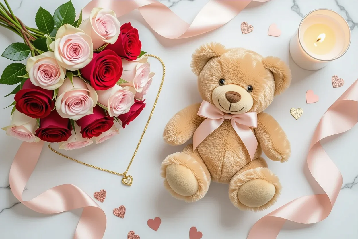 Romantic Valentine's Day gift set with teddy bear preserved roses and necklace flat lay