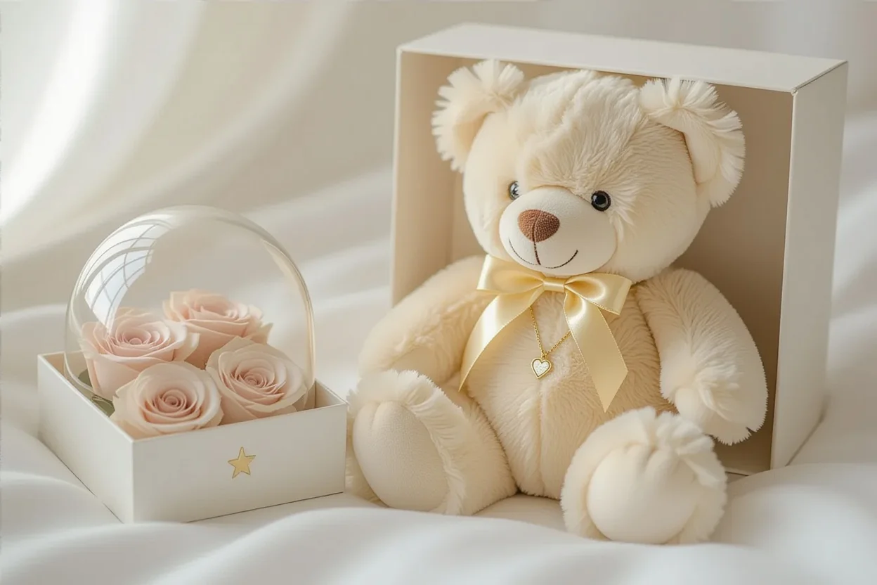 Teddy bear with hidden necklace compartment and preserved flowers romantic gift set