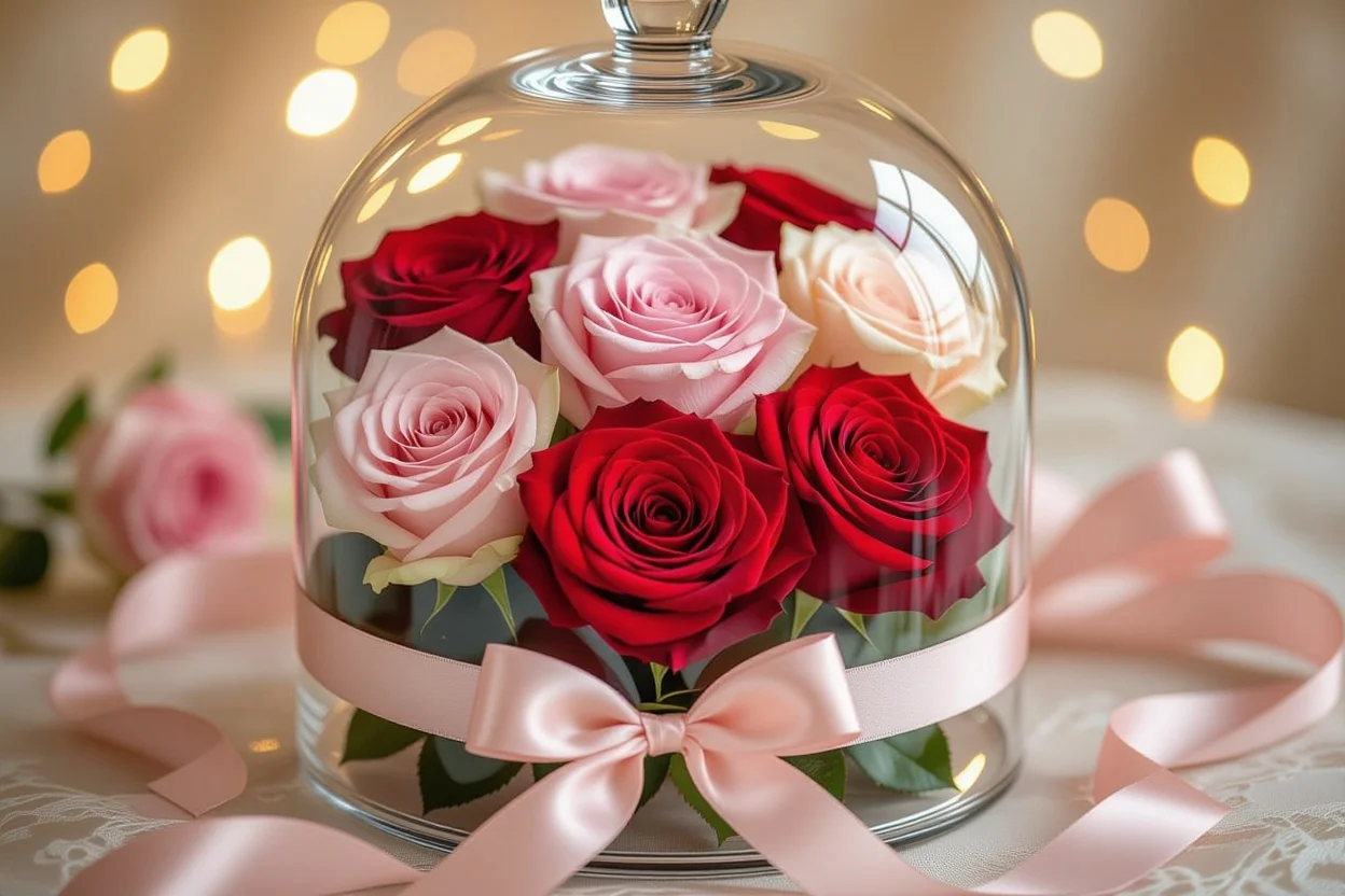 Preserved roses in glass dome romantic Valentine's Day gift for her