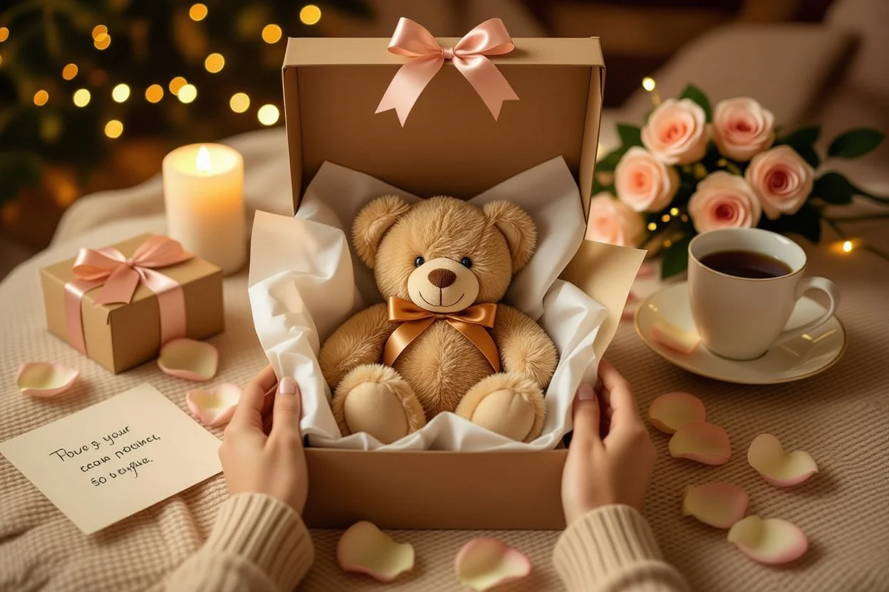 Woman opening surprise teddy bear gift box romantic surprise moment
