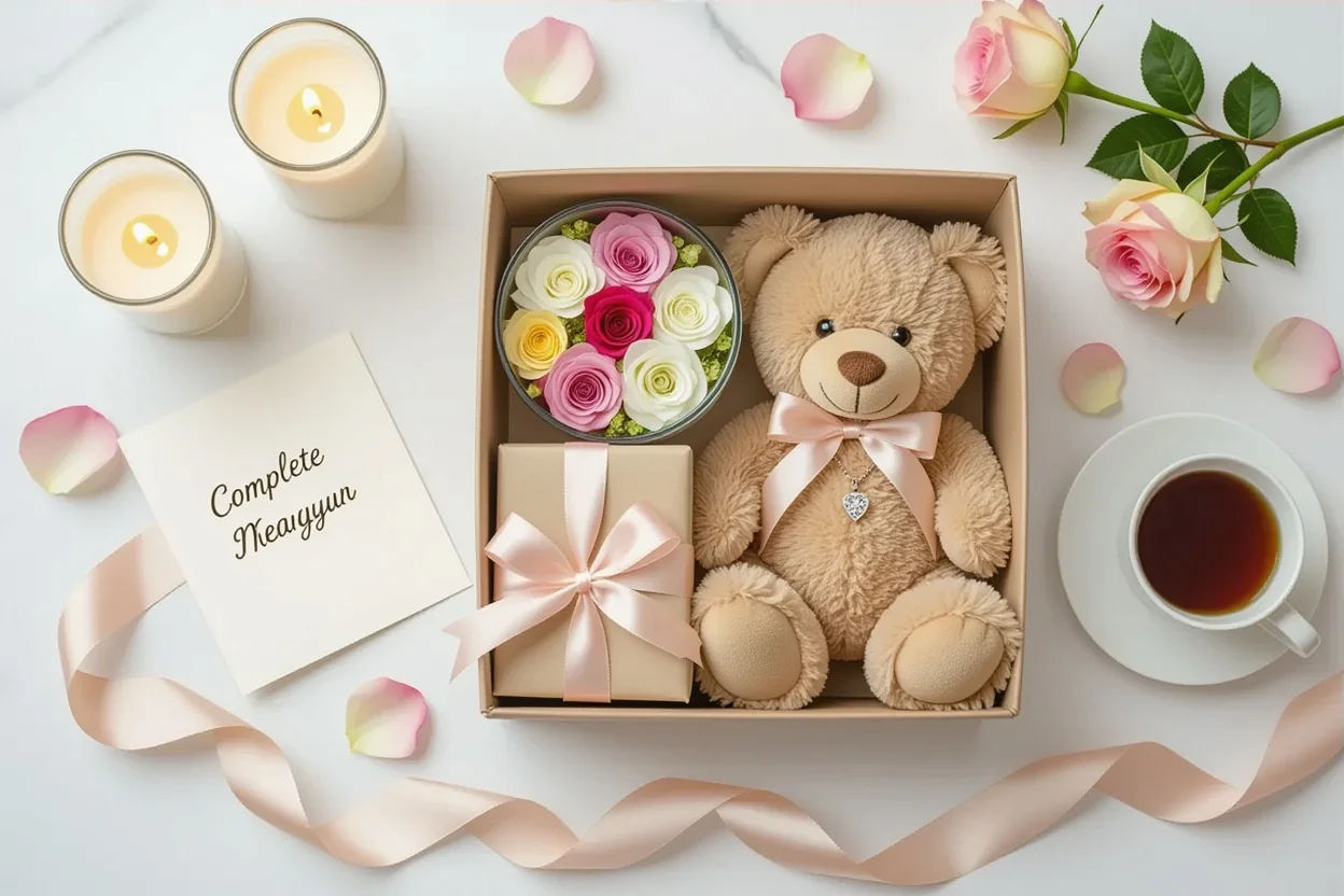 Complete romantic gift set flat lay with teddy bear preserved flowers and hidden necklace