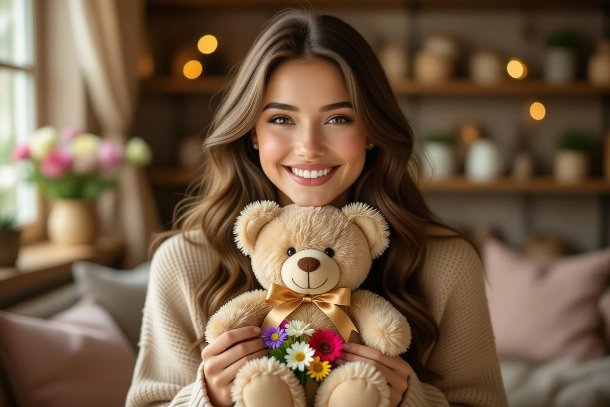 Woman discovering hidden flowers in romantic teddy bear gift surprise moment
