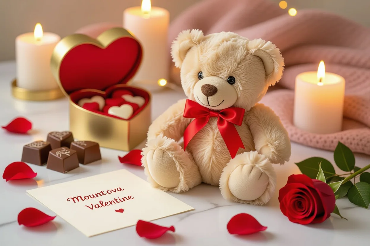 Valentine's Day romantic gift setup with teddy bear and preserved flowers arrangement