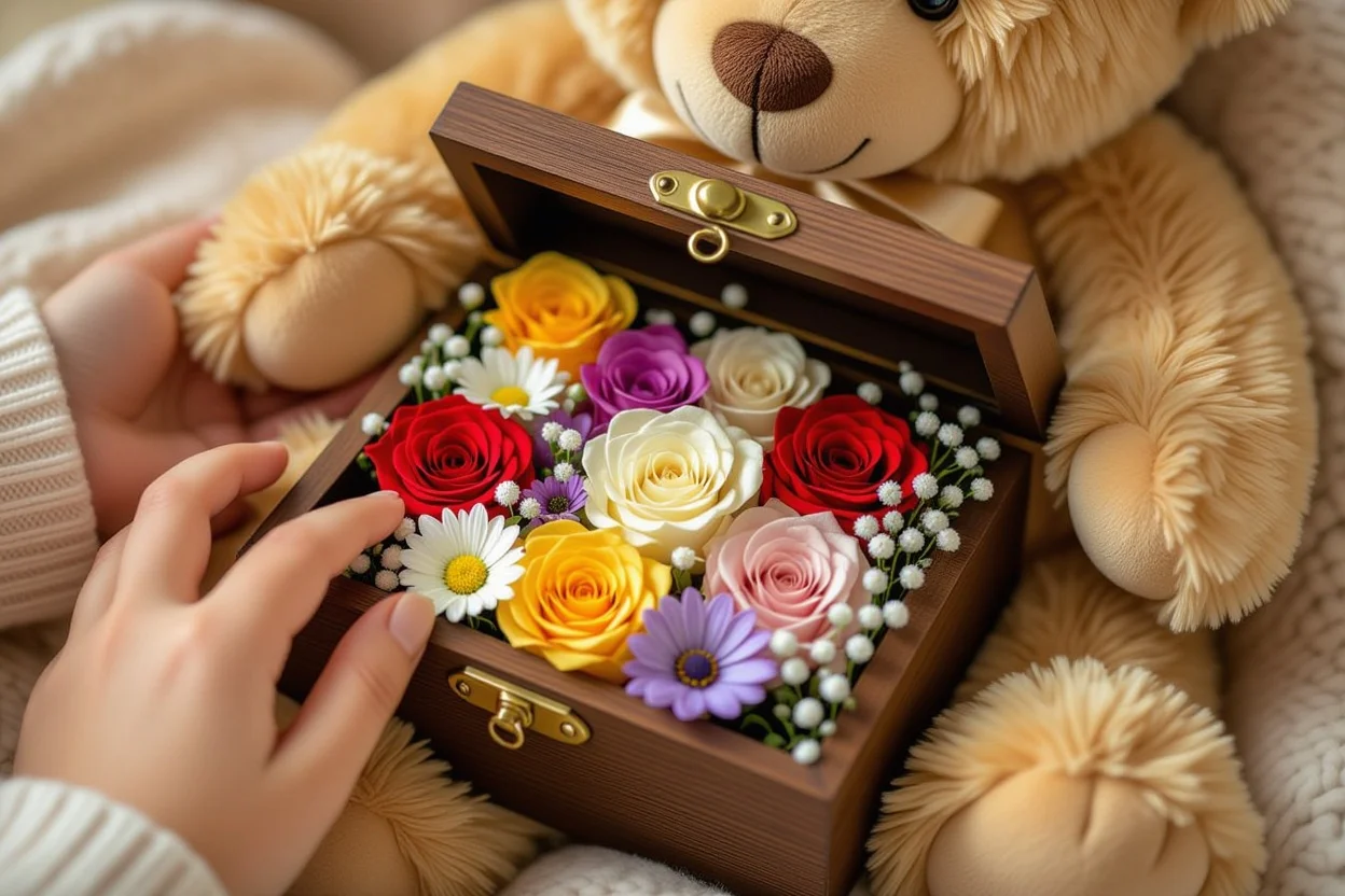 Close-up of hidden preserved flower compartment in romantic teddy bear gift