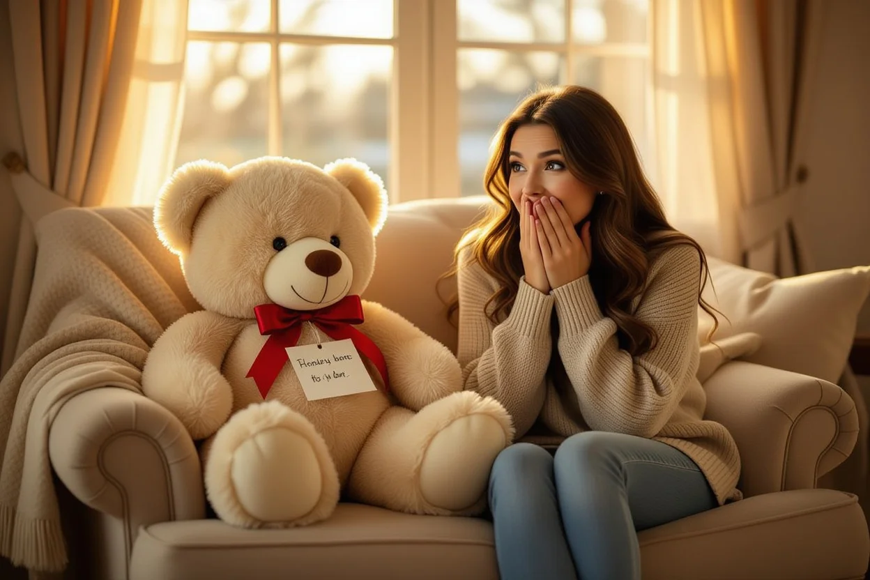 Surprised woman discovering romantic teddy bear gift in cozy living room setting