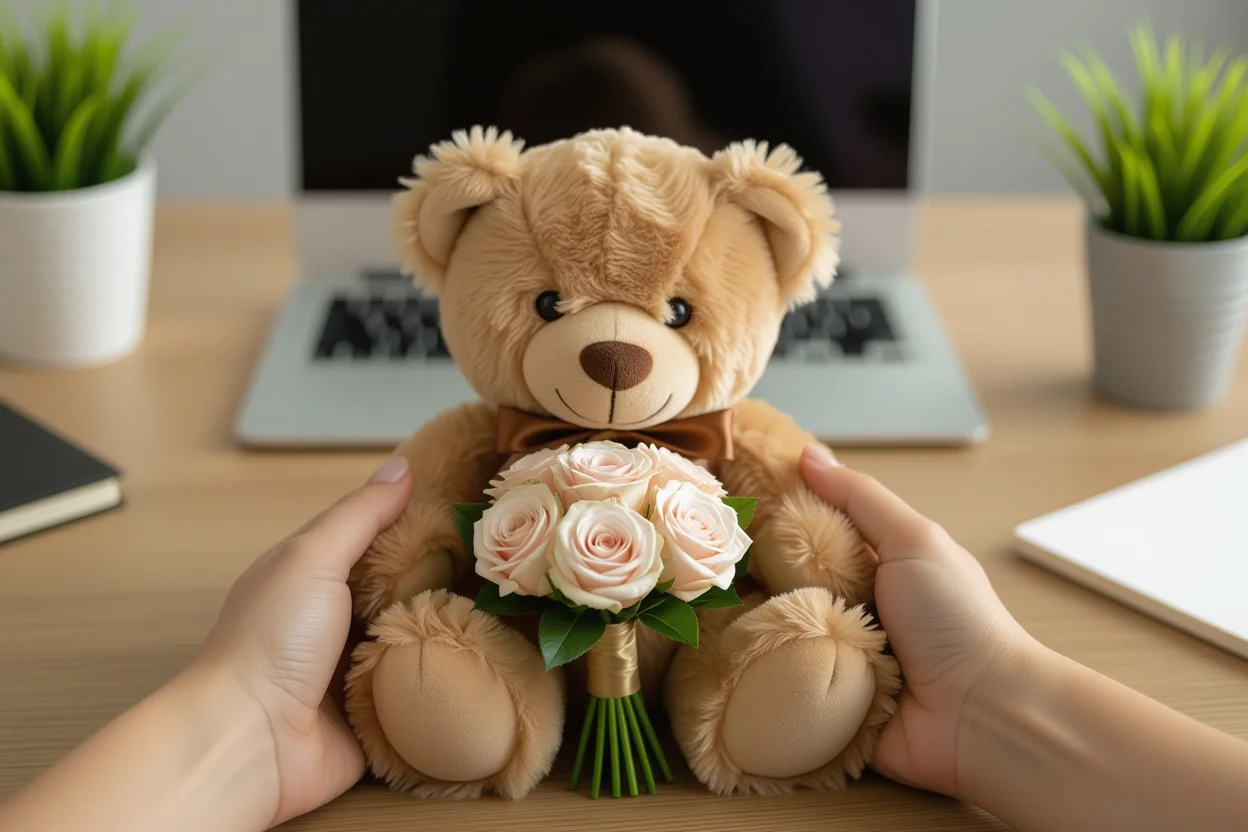 Hands holding romantic teddy bear gift with preserved roses in office setting