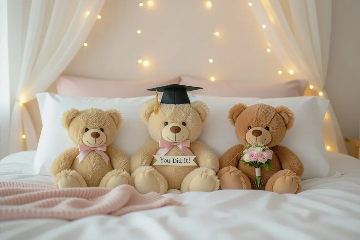 Celebration teddy bears arranged on bed representing everyday victories and achievements
