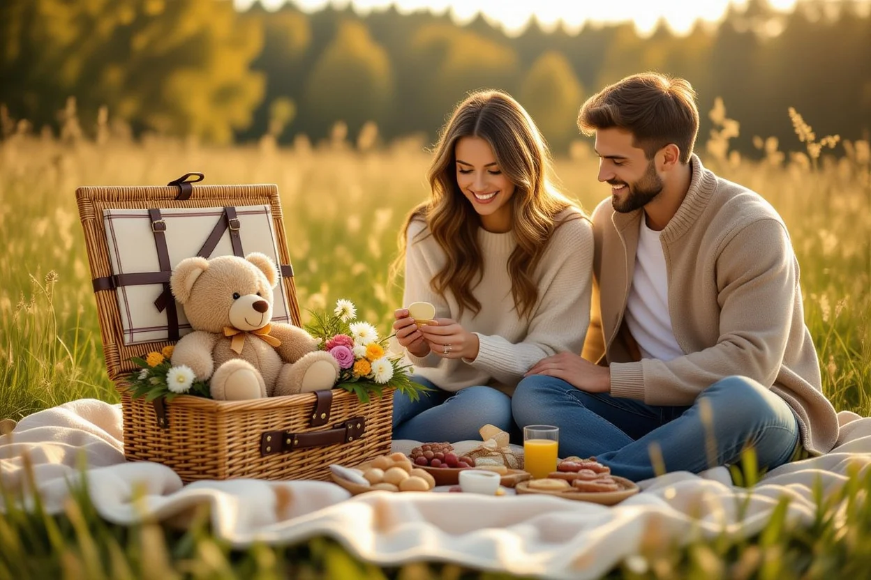 Romantic picnic surprise with teddy bear gift discovery during golden hour