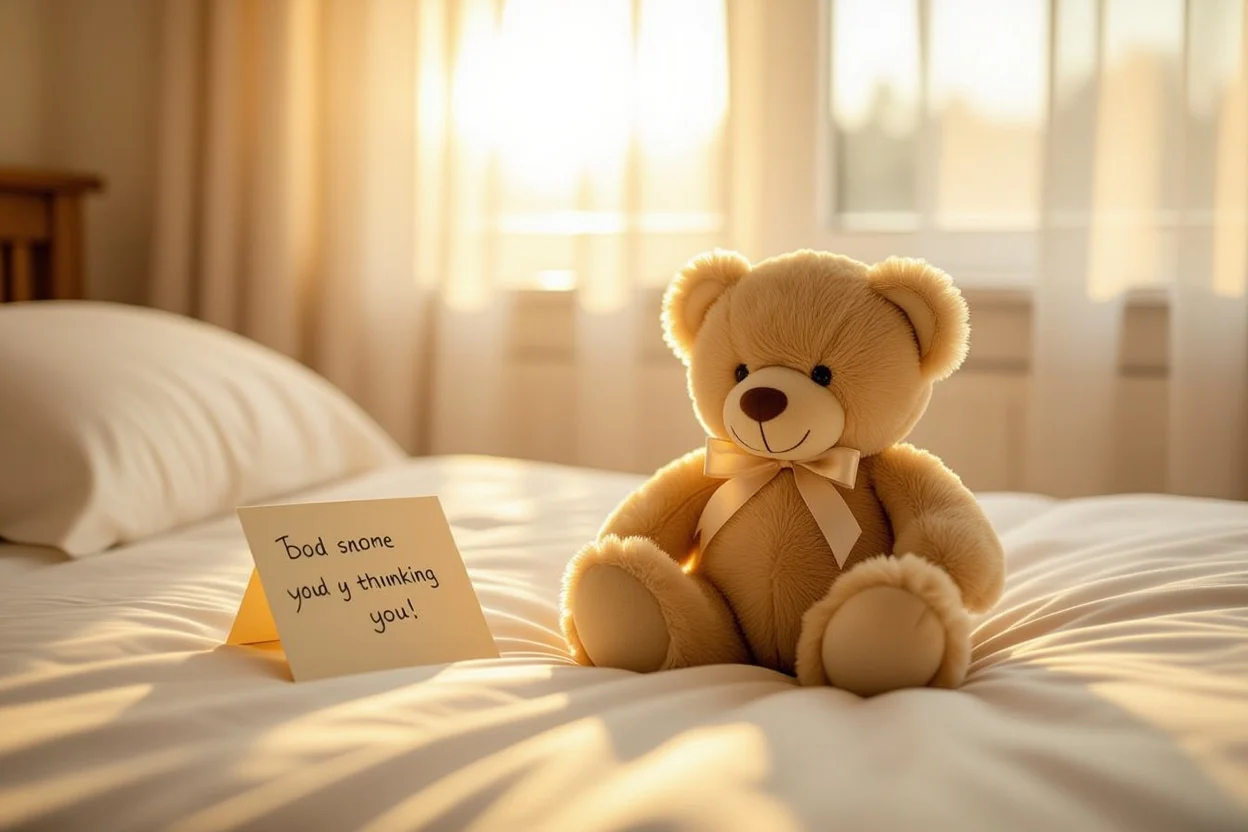 Romantic teddy bear gift on bed with love note - everyday romantic gifts for her