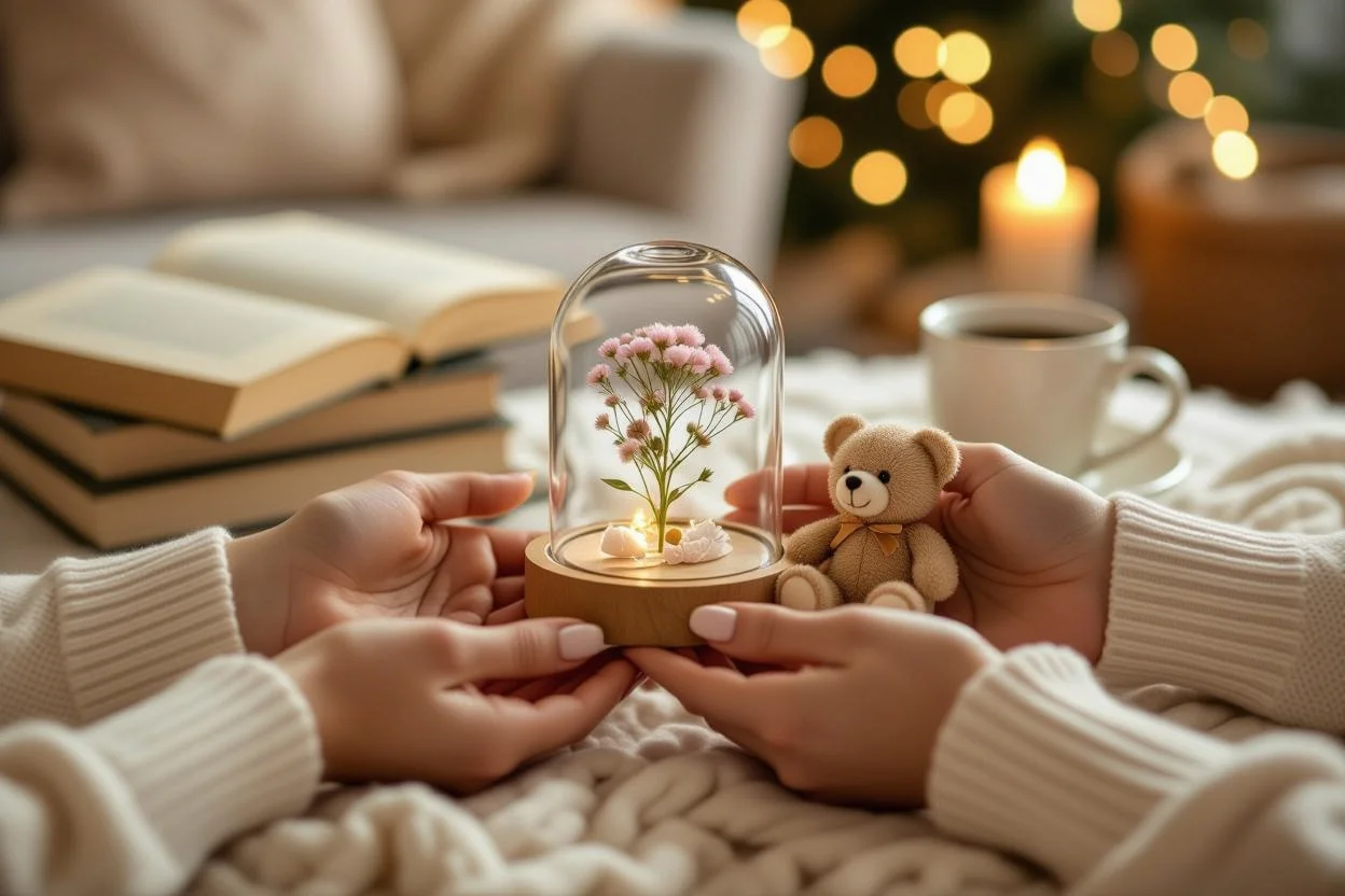Couple exchanging meaningful romantic gifts - preserved flowers and teddy bear charm